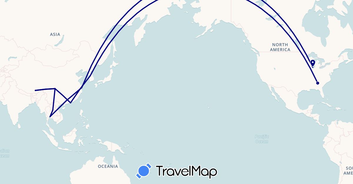 TravelMap itinerary: driving in China, South Korea, Laos, Thailand, United States (Asia, North America)